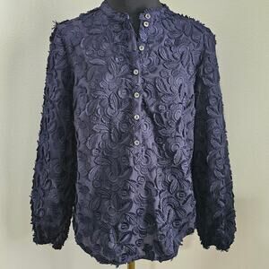 EUC Boden Navy Blue Embroidered Textured Popover Blouse Boho Top UK 8 US 4